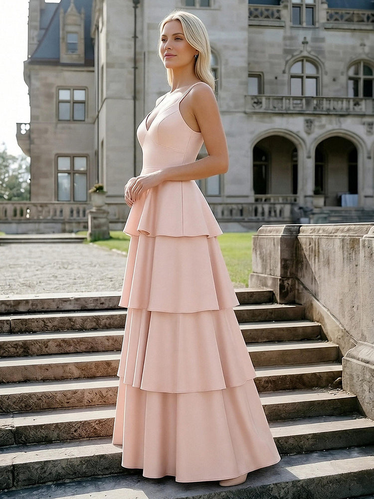 V Neck Sleeveless A Line Bridesmaid Dresses with Tiered