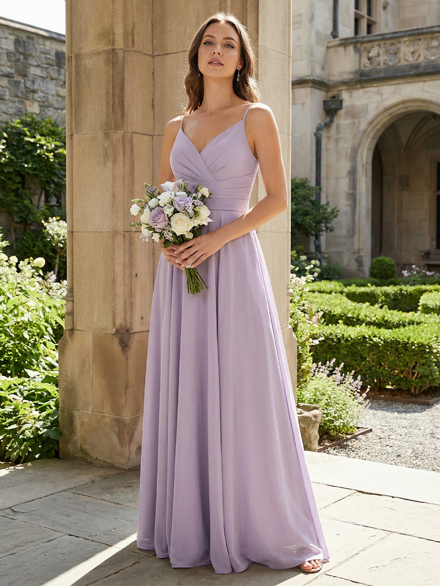 V Neck Pleated A Line Bridesmaid Dresses
