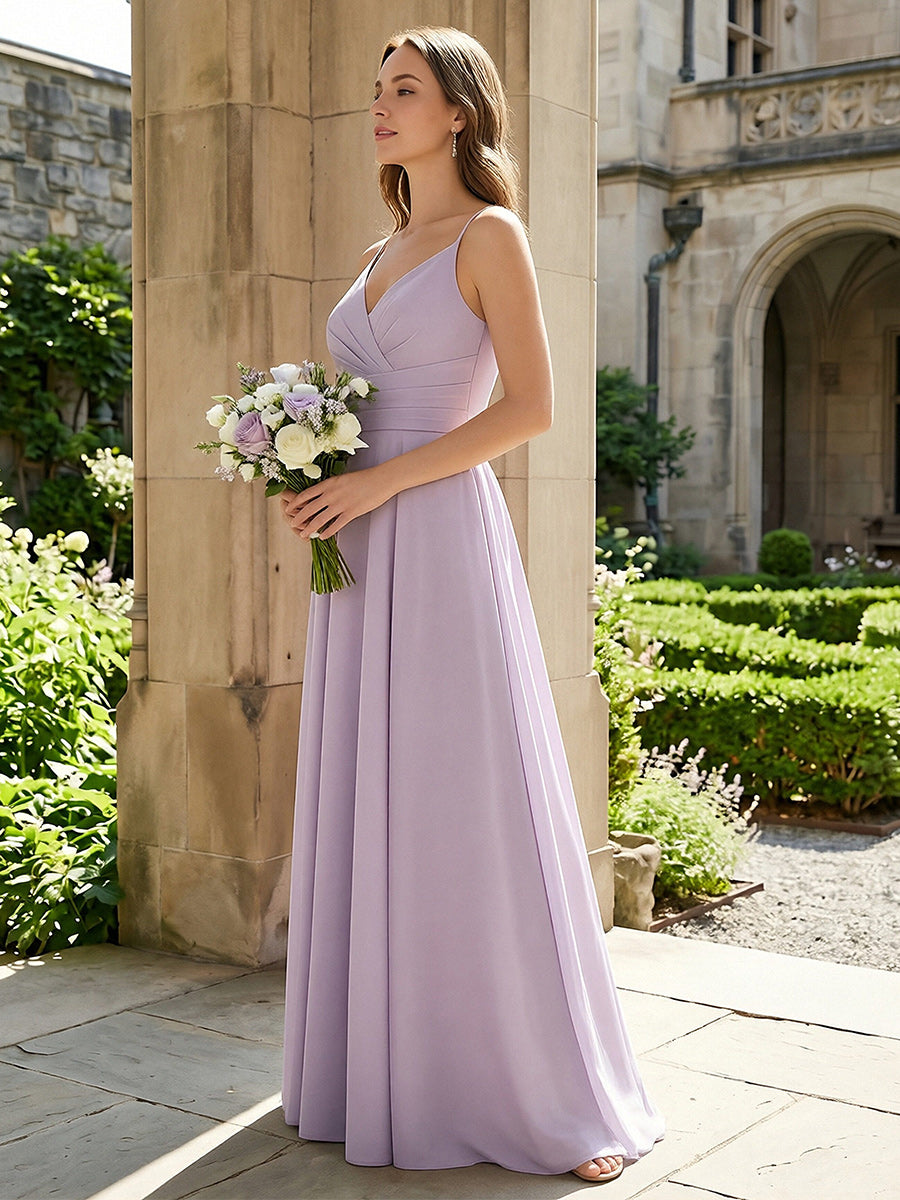 V Neck Pleated A Line Bridesmaid Dresses