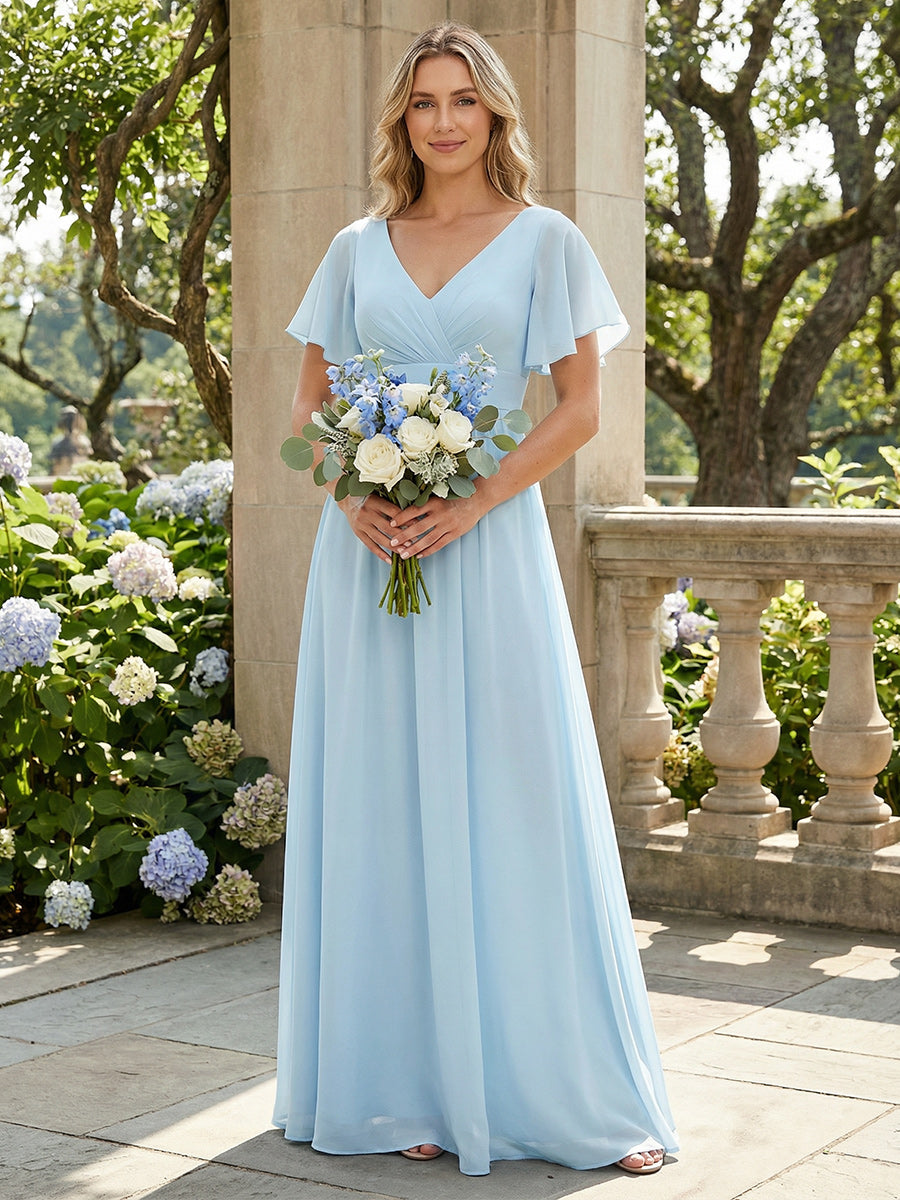 Short Sleeves Pleated V Neck Bridesmaid Dresses
