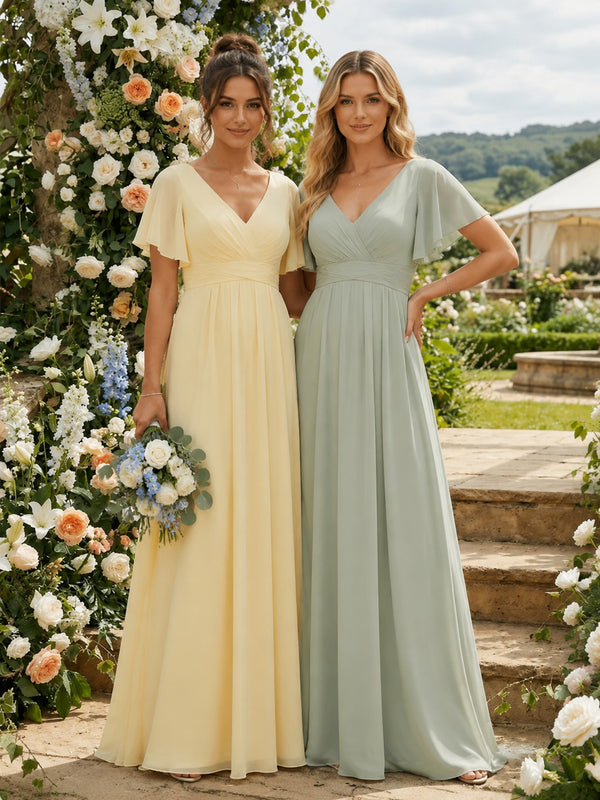 Short Sleeves Pleated V Neck Bridesmaid Dresses