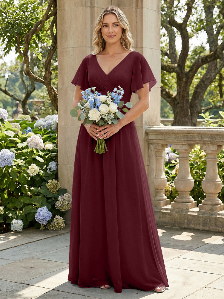 Short Sleeves Pleated V Neck Bridesmaid Dresses