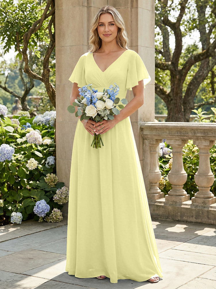 Short Sleeves Pleated V Neck Bridesmaid Dresses