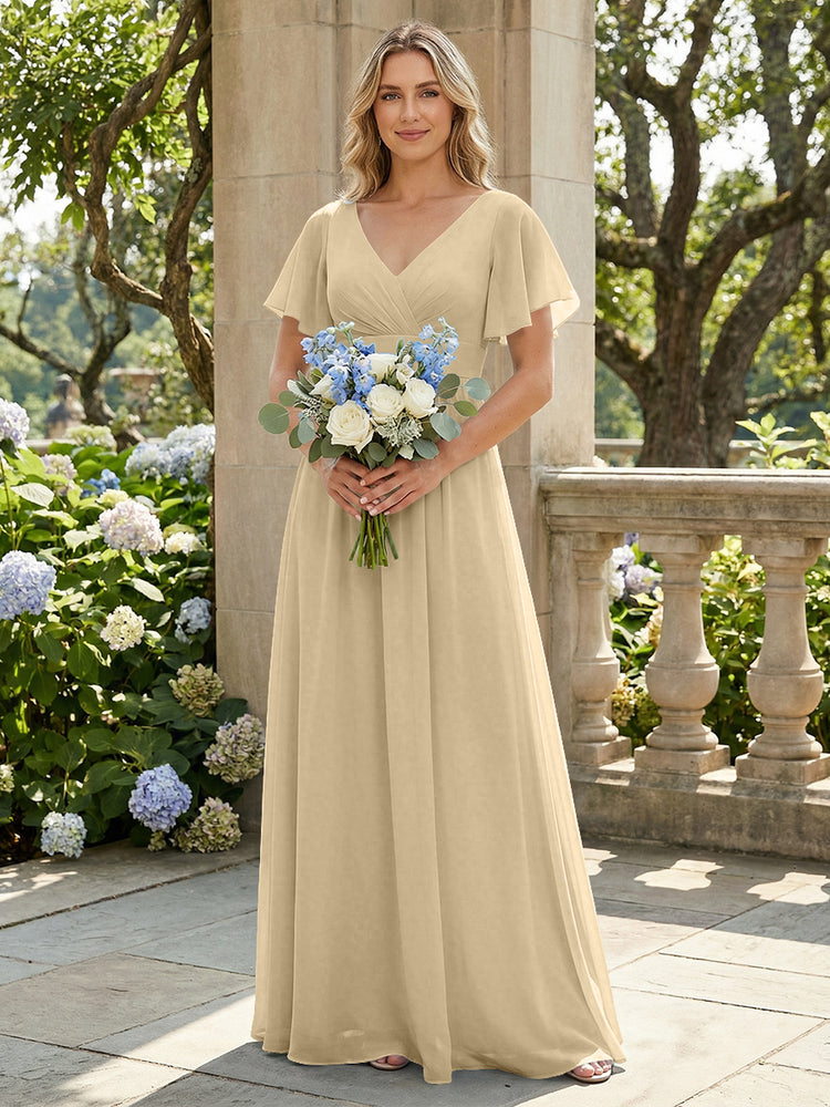 Short Sleeves Pleated V Neck Bridesmaid Dresses
