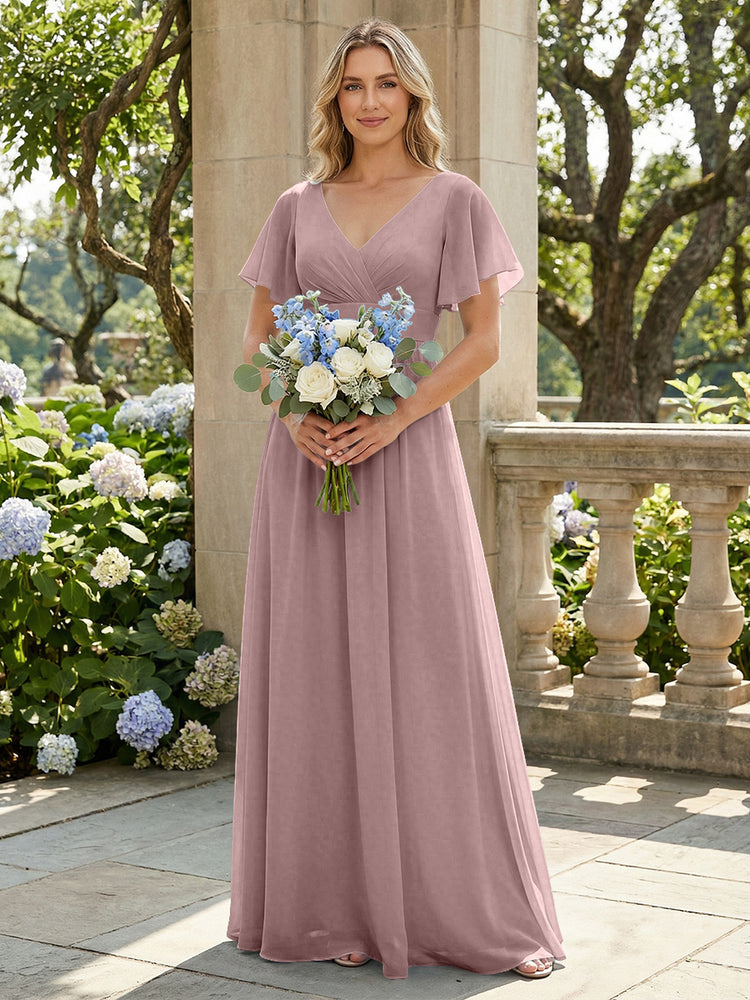 Short Sleeves Pleated V Neck Bridesmaid Dresses