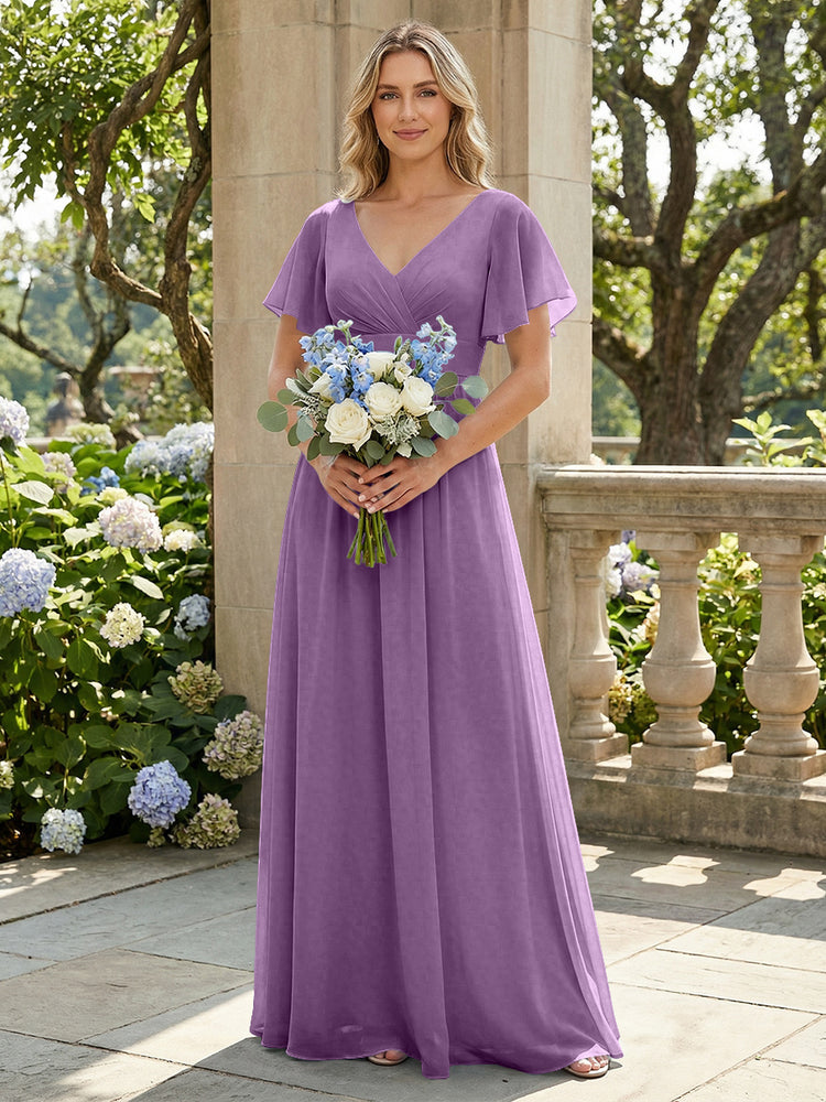 Short Sleeves Pleated V Neck Bridesmaid Dresses