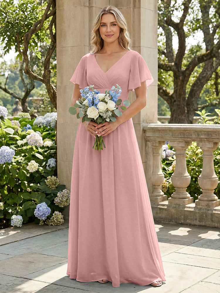 Short Sleeves Pleated V Neck Bridesmaid Dresses