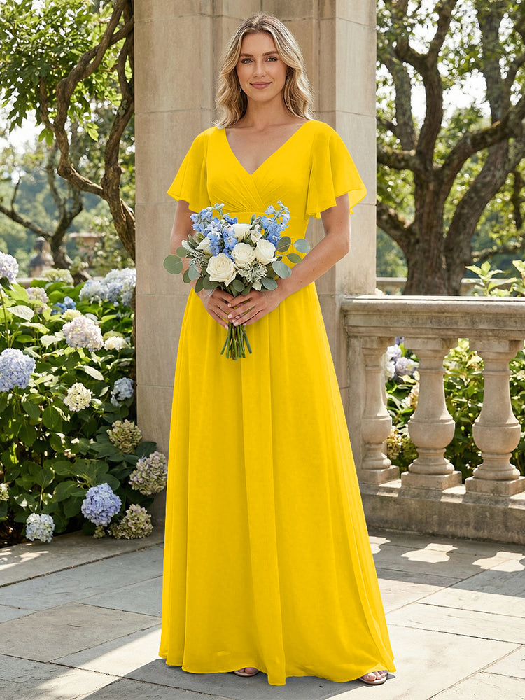 Short Sleeves Pleated V Neck Bridesmaid Dresses