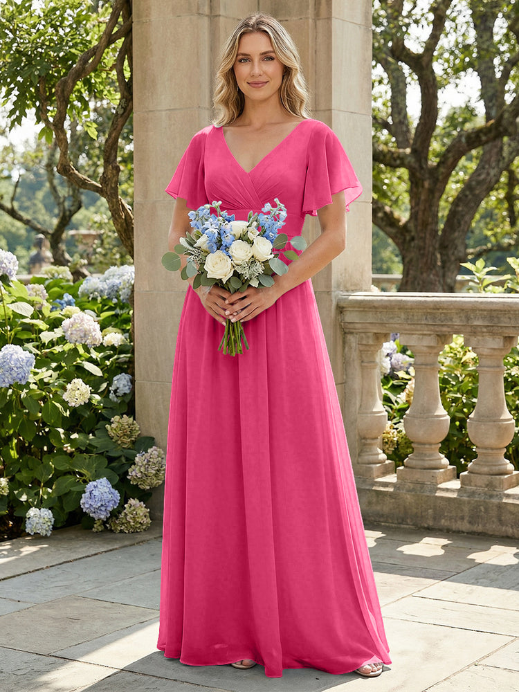 Short Sleeves Pleated V Neck Bridesmaid Dresses