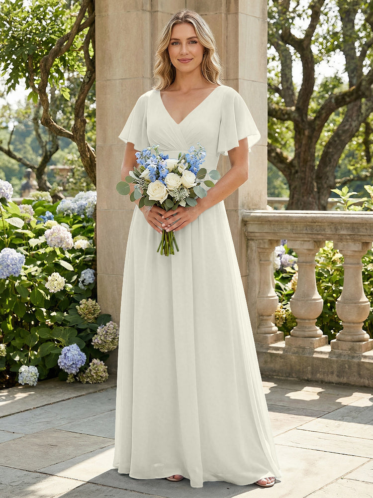 Short Sleeves Pleated V Neck Bridesmaid Dresses