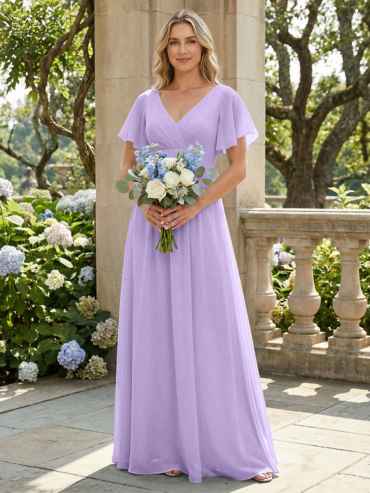 Short Sleeves Pleated V Neck Bridesmaid Dresses