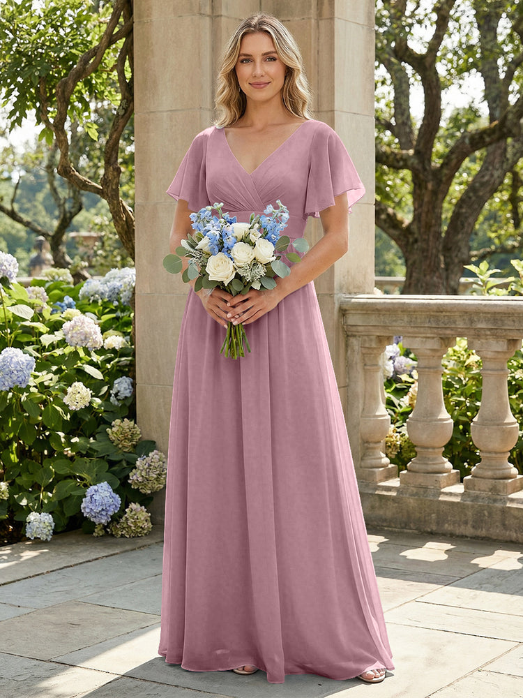 Short Sleeves Pleated V Neck Bridesmaid Dresses