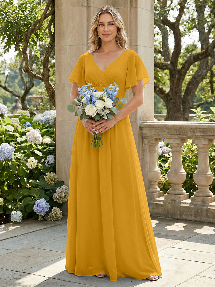 Short Sleeves Pleated V Neck Bridesmaid Dresses