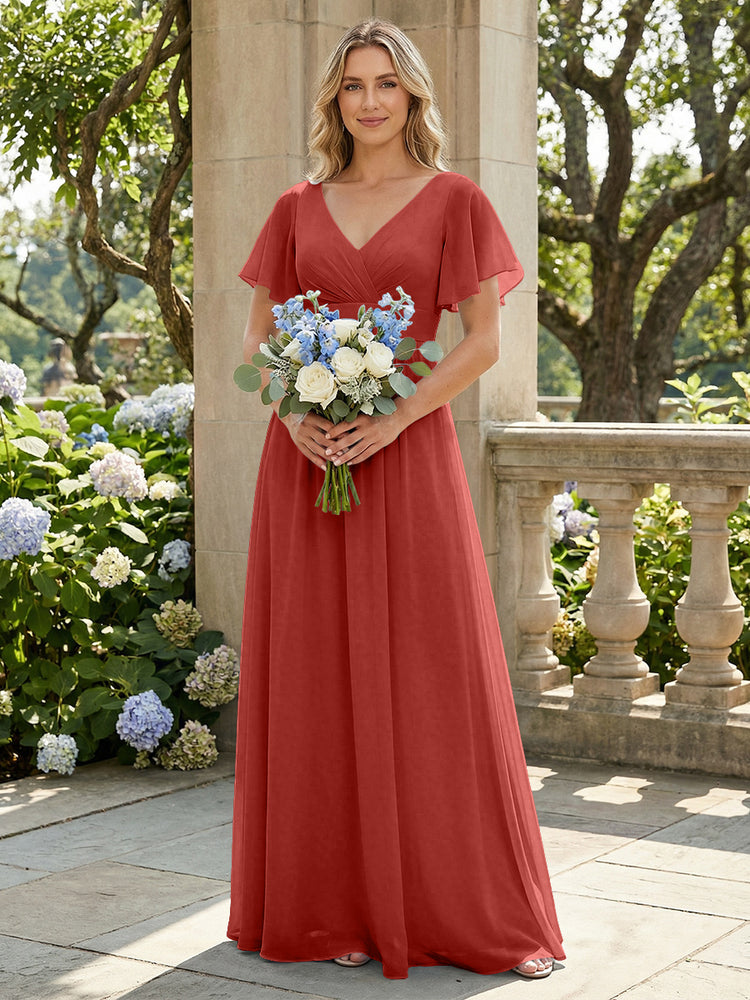 Short Sleeves Pleated V Neck Bridesmaid Dresses