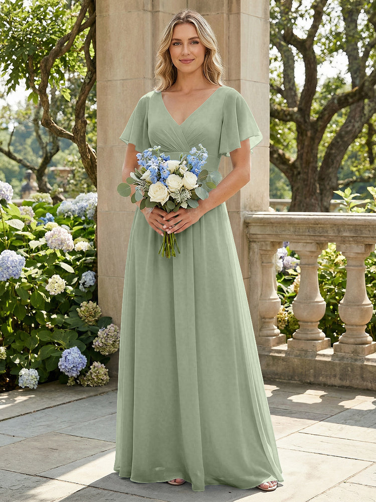 Short Sleeves Pleated V Neck Bridesmaid Dresses