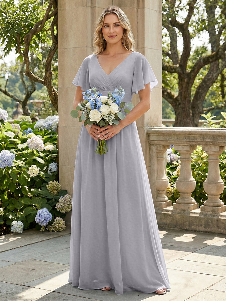 Short Sleeves Pleated V Neck Bridesmaid Dresses