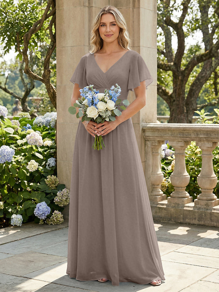 Short Sleeves Pleated V Neck Bridesmaid Dresses