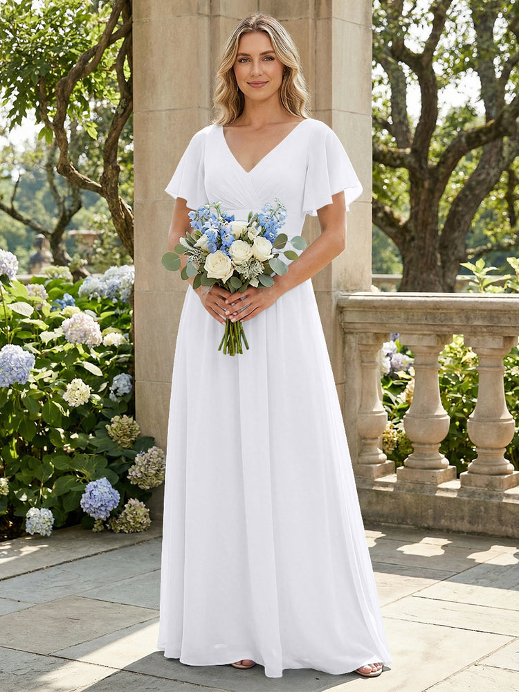 Short Sleeves Pleated V Neck Bridesmaid Dresses