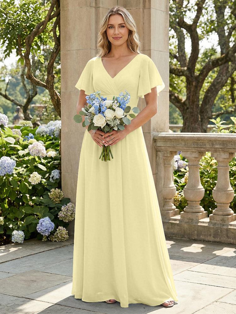 Short Sleeves Pleated V Neck Bridesmaid Dresses