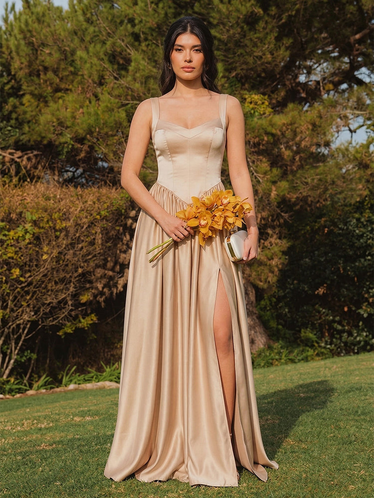 A Line Sweetheart Pleated Bridesmaid Dresses with Split Side