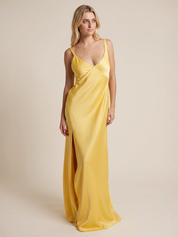 Spaghetti Straps Satin A Line Simple Bridesmaid Dresses with Slit
