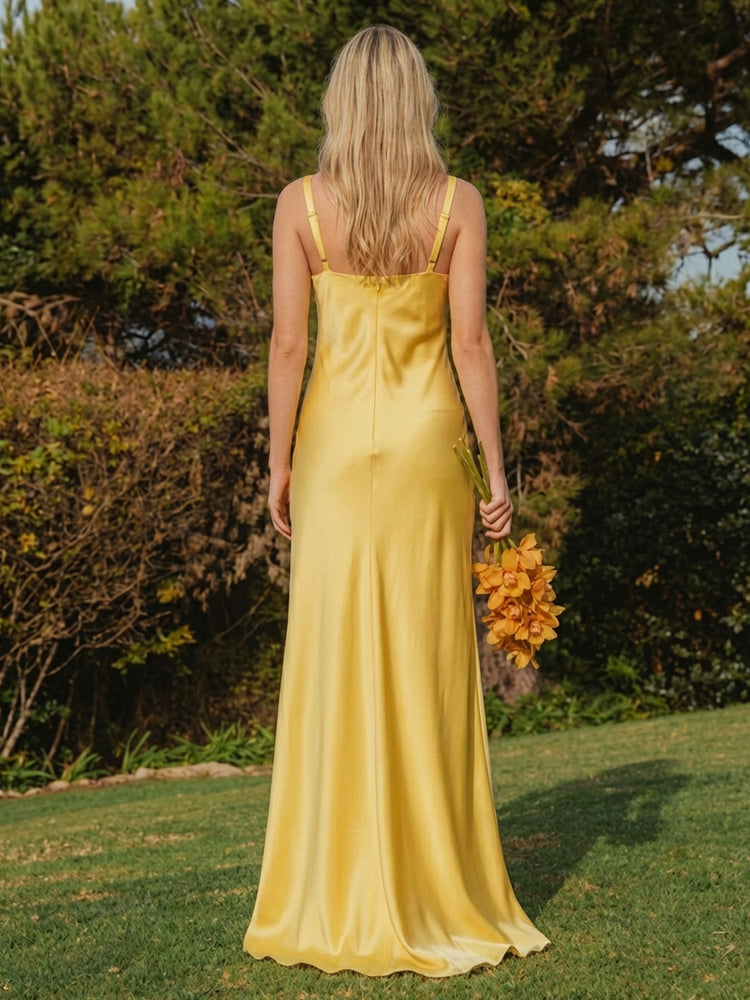 Spaghetti Straps Satin A Line Simple Bridesmaid Dresses with Slit
