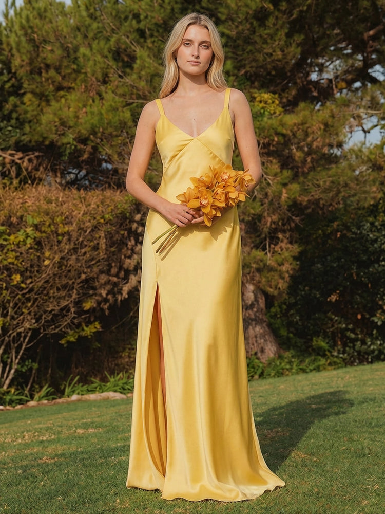 Spaghetti Straps Satin A Line Simple Bridesmaid Dresses with Slit