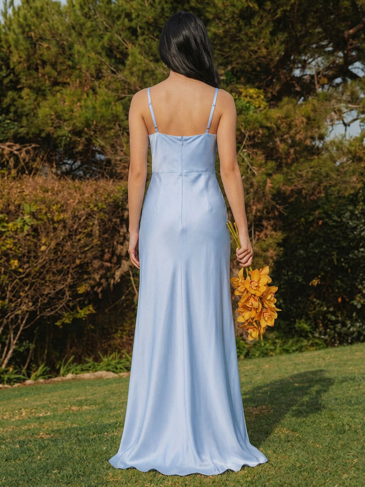 A Line Satin V Neck Simple Slit Side Bridesmaid Dresses