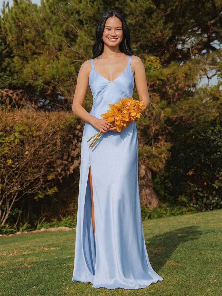 A Line Satin V Neck Simple Slit Side Bridesmaid Dresses