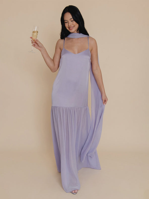 Chiffon A Line Spaghetti Straps Pleated Bridesmaid Dresses with Scarf
