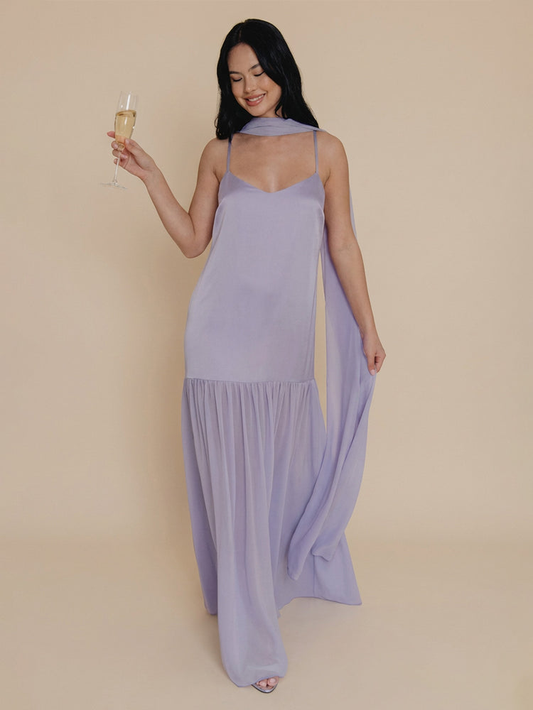Chiffon A Line Spaghetti Straps Pleated Bridesmaid Dresses with Scarf