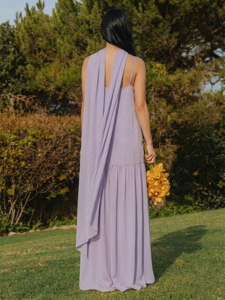 Chiffon A Line Spaghetti Straps Pleated Bridesmaid Dresses with Scarf