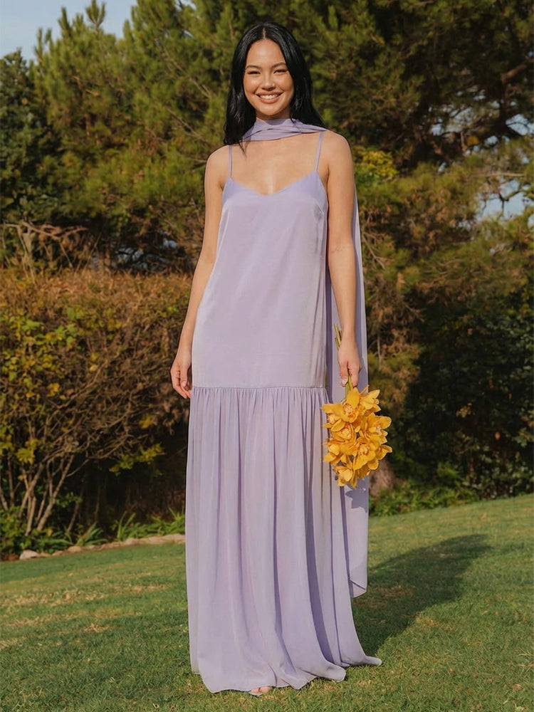 Chiffon A Line Spaghetti Straps Pleated Bridesmaid Dresses with Scarf