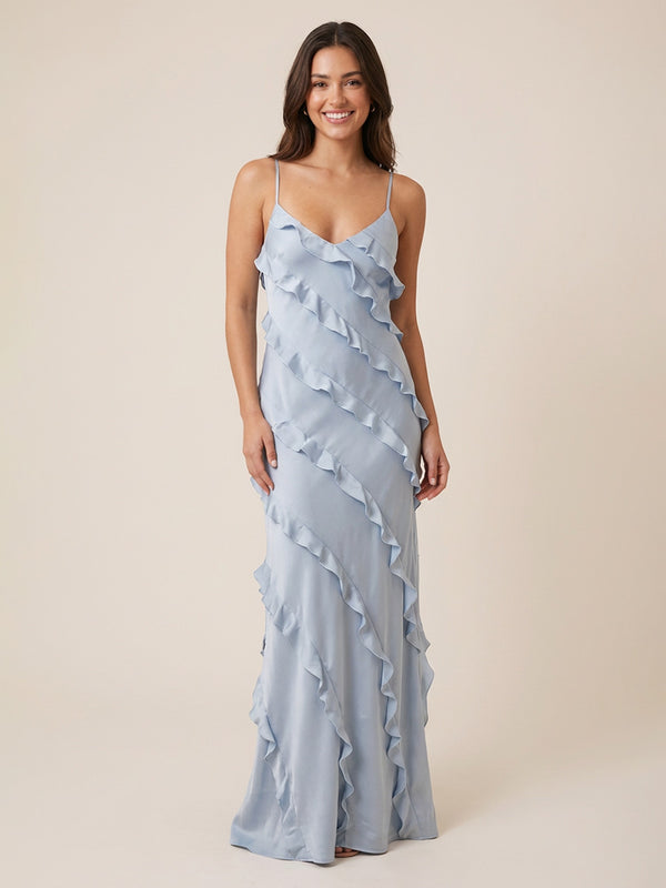 Mermaid Spaghetti Straps Long Simple Ruffled Bridesmaid Dresses