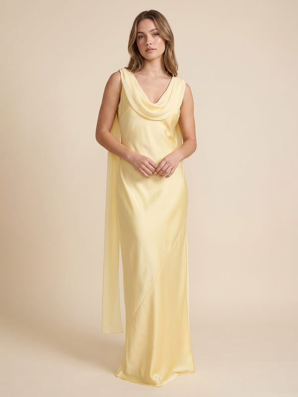Satin Cowl Neck Floor Length Simple Bridesmaid Dresses with Scarf