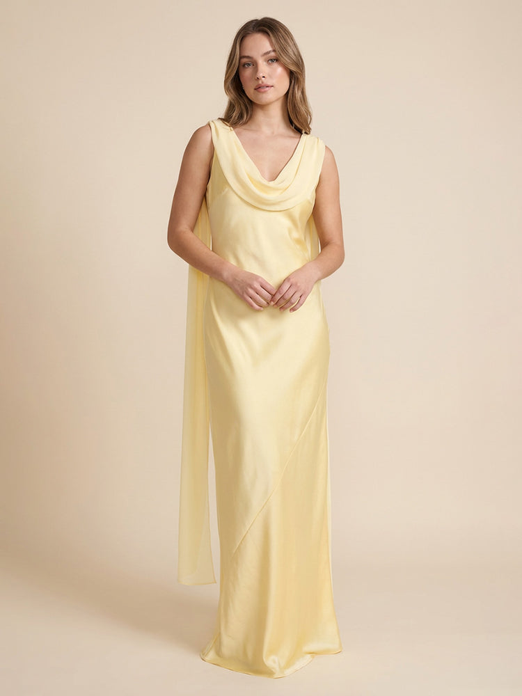 Satin Cowl Neck Floor Length Simple Bridesmaid Dresses with Scarf