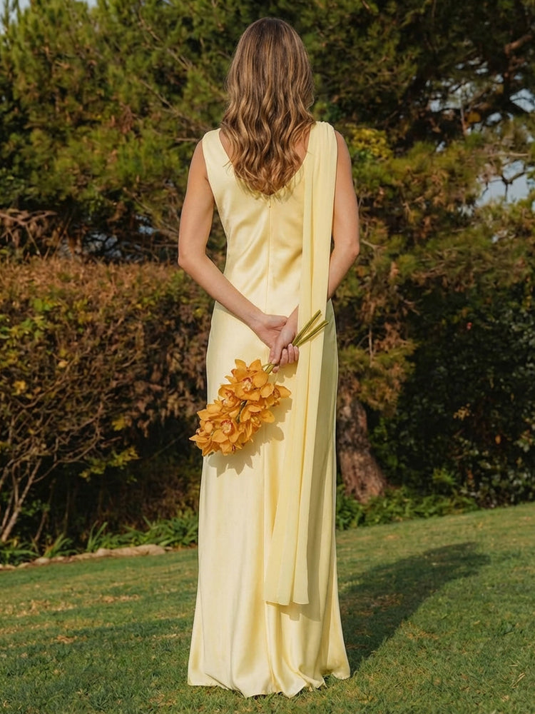 Satin Cowl Neck Floor Length Simple Bridesmaid Dresses with Scarf