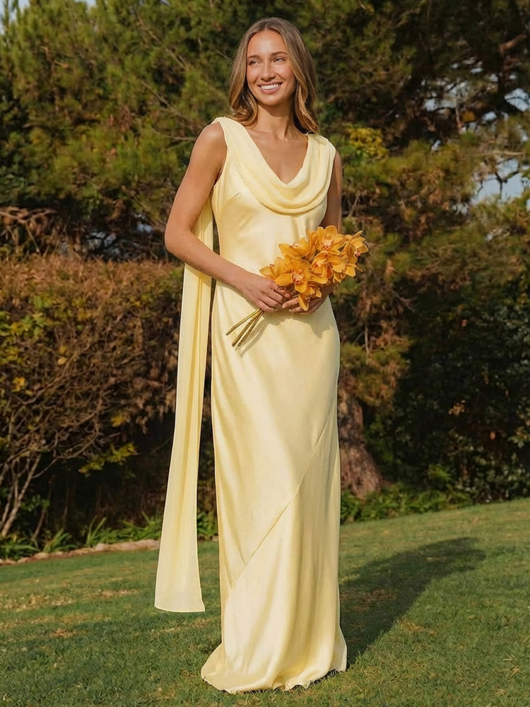 Satin Cowl Neck Floor Length Simple Bridesmaid Dresses with Scarf