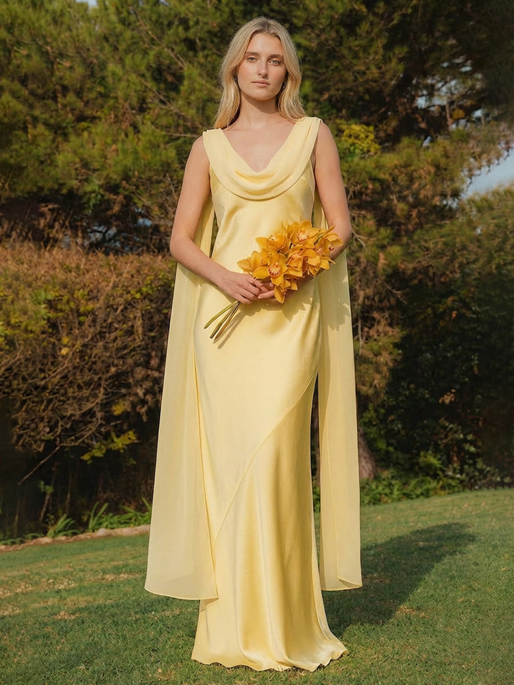 Satin Cowl Neck Floor Length Simple Bridesmaid Dresses with Scarf