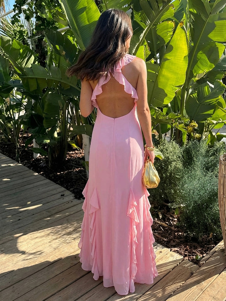 Halter Chiffon Sleeveless A Line Ruffled Bridesmaid Dresses
