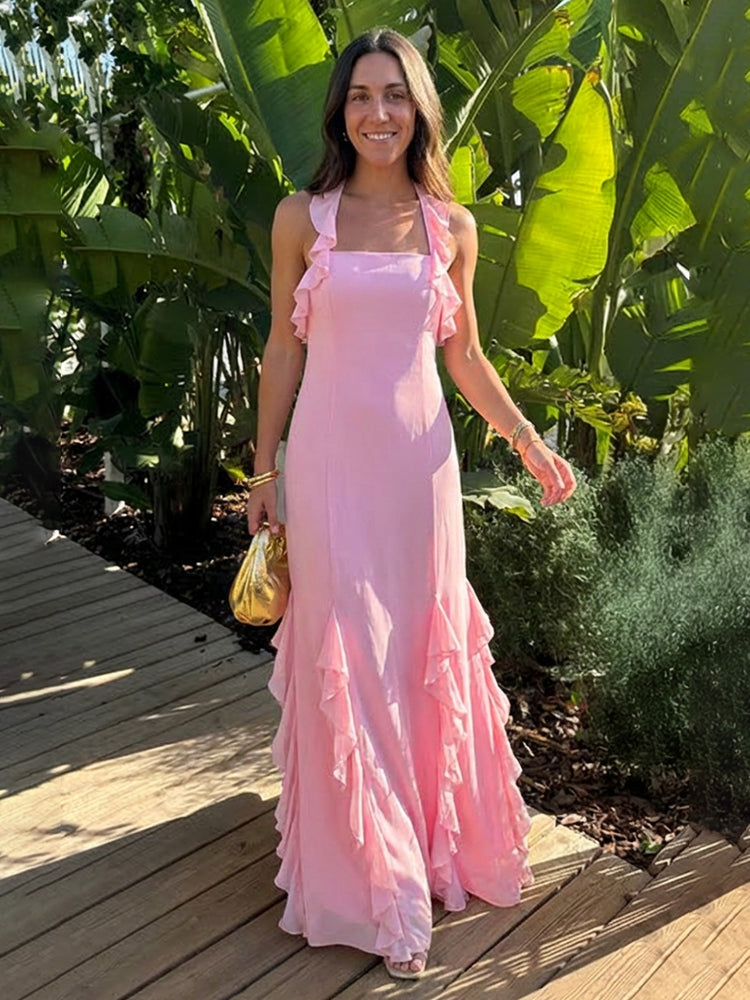 Halter Chiffon Sleeveless A Line Ruffled Bridesmaid Dresses