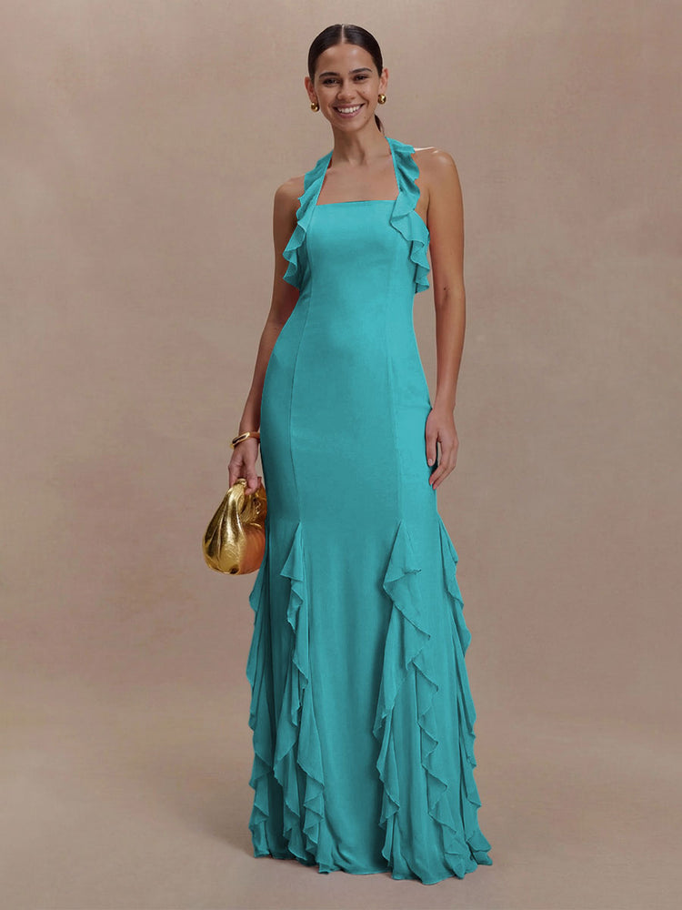 Halter Chiffon Sleeveless A Line Ruffled Bridesmaid Dresses
