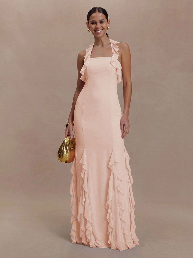 Halter Chiffon Sleeveless A Line Ruffled Bridesmaid Dresses