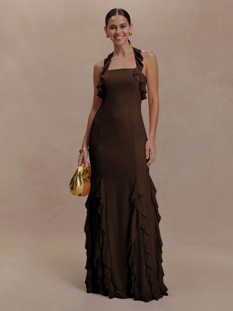 Halter Chiffon Sleeveless A Line Ruffled Bridesmaid Dresses