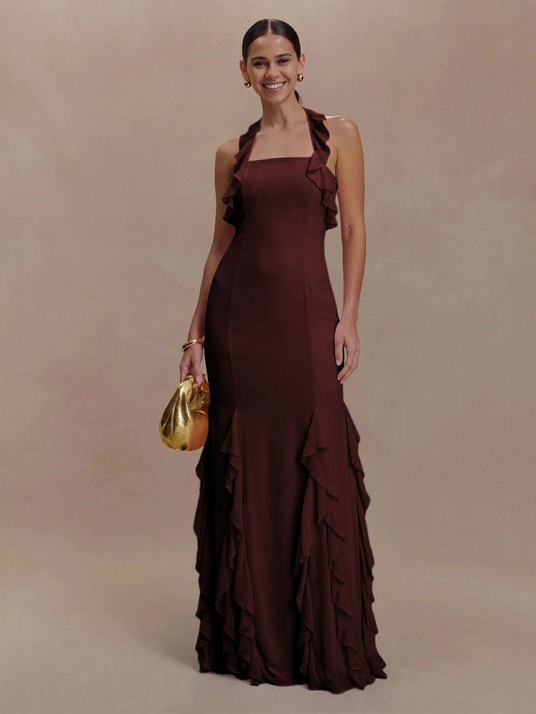 Halter Chiffon Sleeveless A Line Ruffled Bridesmaid Dresses