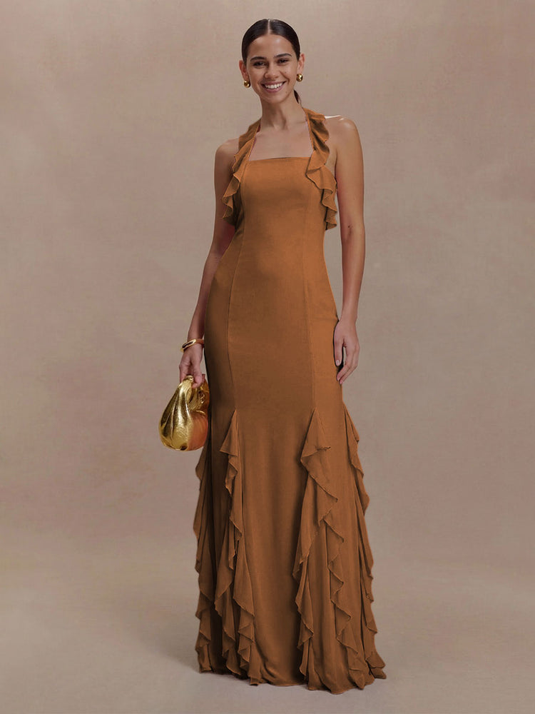 Halter Chiffon Sleeveless A Line Ruffled Bridesmaid Dresses