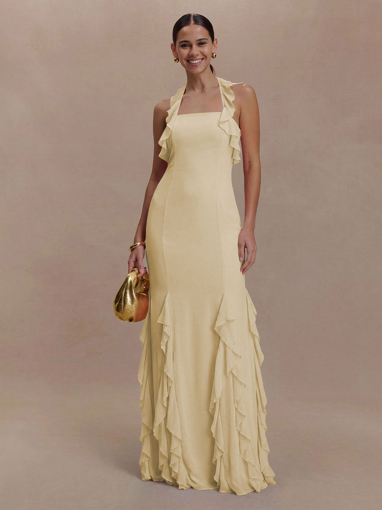 Halter Chiffon Sleeveless A Line Ruffled Bridesmaid Dresses