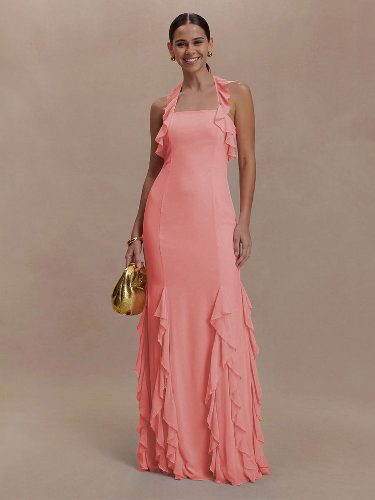 Halter Chiffon Sleeveless A Line Ruffled Bridesmaid Dresses