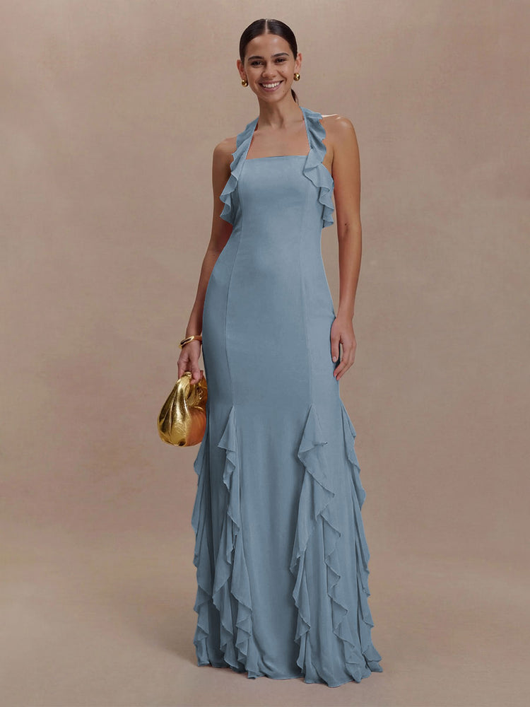 Halter Chiffon Sleeveless A Line Ruffled Bridesmaid Dresses