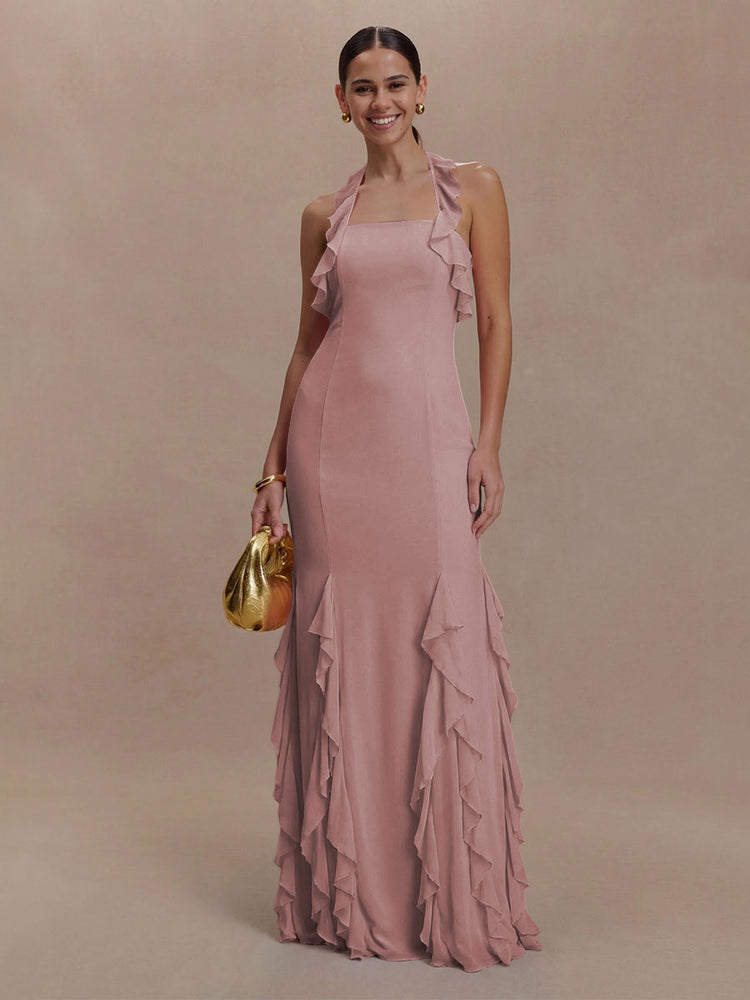 Halter Chiffon Sleeveless A Line Ruffled Bridesmaid Dresses